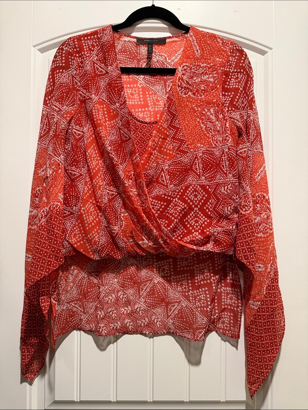 BCBGMaxAzria Red Patterned Surplice Long Sleeve Blouse
